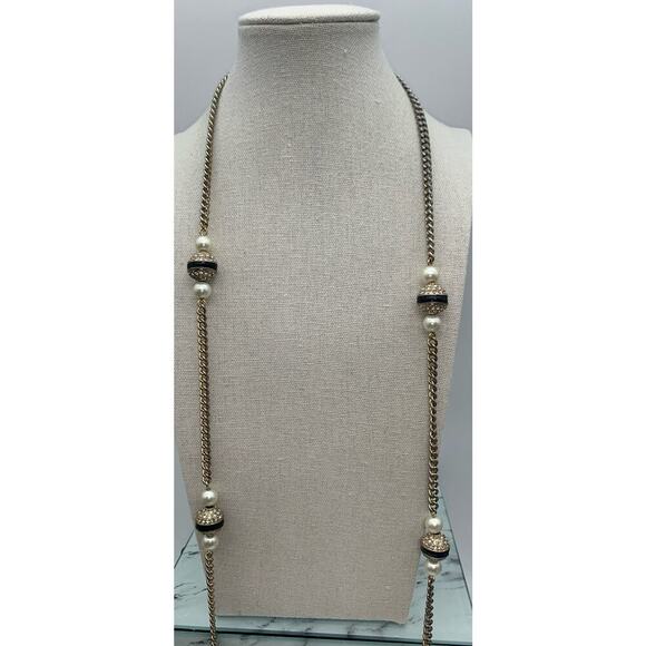 J Crew Gold Tone Pave Rhinestone Stations With Faux Pearls Necklace - Picture 2 of 6